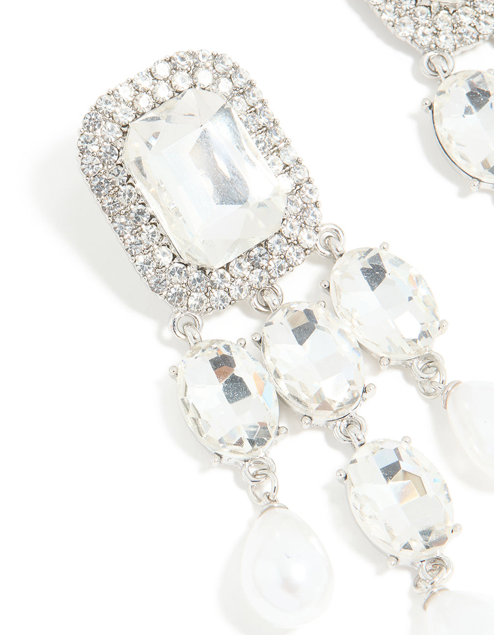 Silver Diamante Pearl Bling Drop Earrings