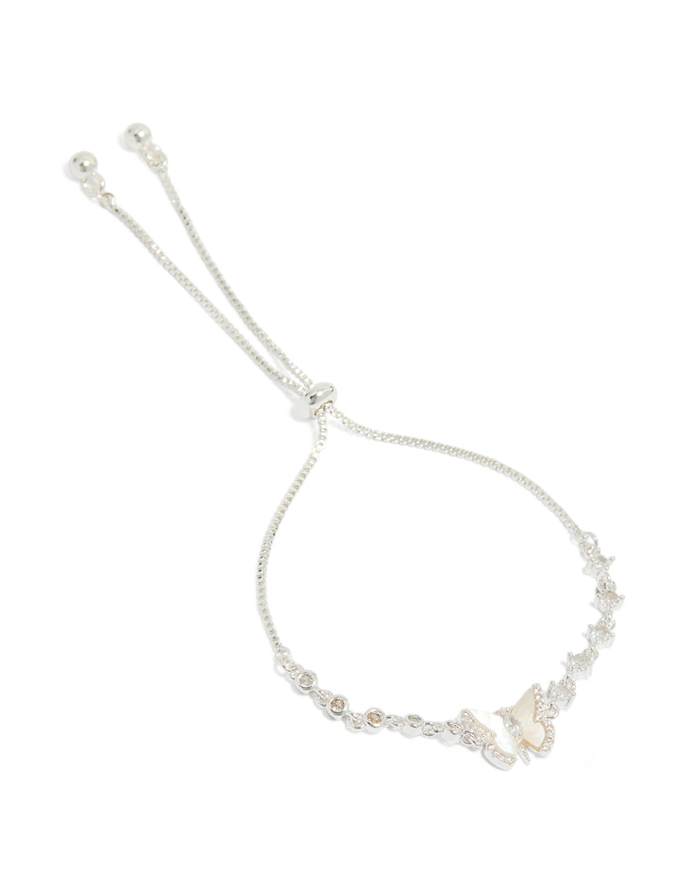 Showcasing a silver plated cubic zirconia butterfly inlay toggle bracelet front view