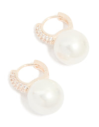 Rose Gold Plated Large Pearl & Cubic Zirconia Huggie Earrings - link has visual effect only