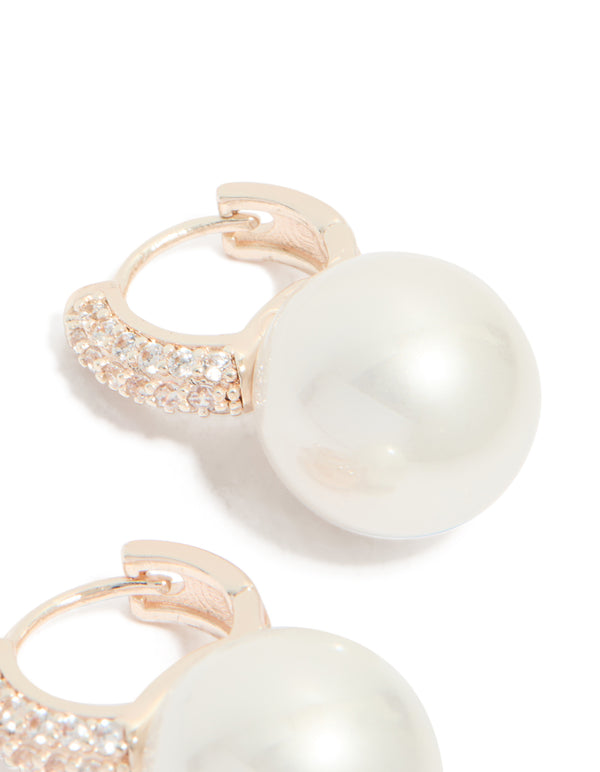 Rose Gold Plated Large Pearl & Cubic Zirconia Huggie Earrings