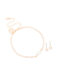 Rose Gold Plated Cubic Zirconia & Pearl Tennis Bracelet & Earrings Set - link has visual effect only
