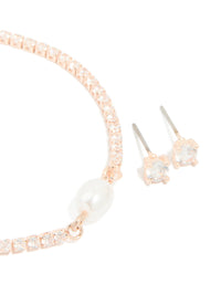 Rose Gold Plated Cubic Zirconia & Pearl Tennis Bracelet & Earrings Set - link has visual effect only