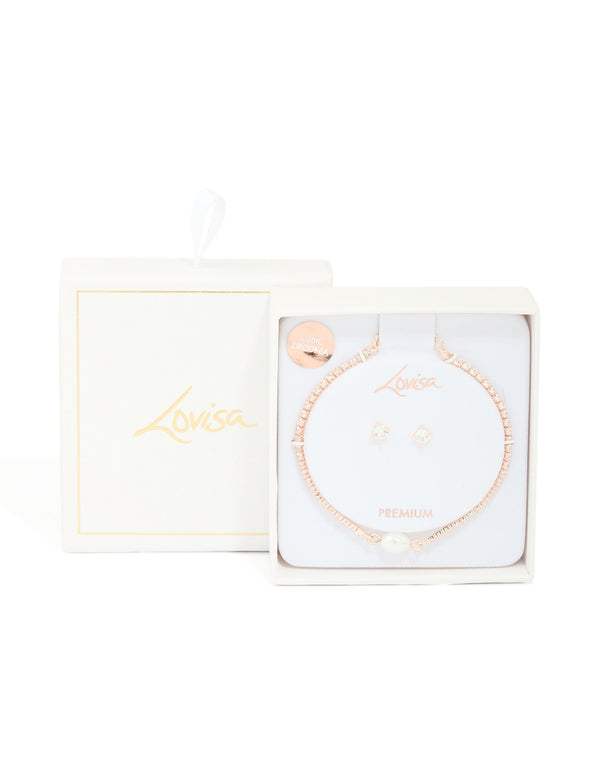 Rose Gold Plated Cubic Zirconia & Pearl Tennis Bracelet & Earrings Set