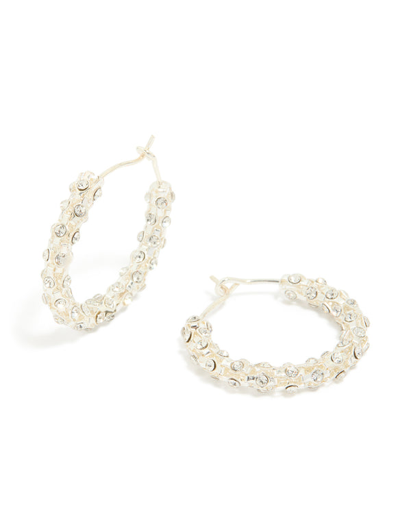Silver Plated Diamante Medium Hoop Earrings