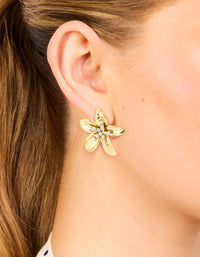 Waterproof Gold Plated Stainless Steel Cubic Zirconia Centre Flower Stud Earrings - link has visual effect only