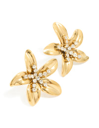 Waterproof Gold Plated Stainless Steel Cubic Zirconia Centre Flower Stud Earrings - link has visual effect only