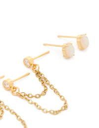 Waterproof Gold Plated Stainless Steel Opal Bezel & Chain Studs 3-Pack - link has visual effect only