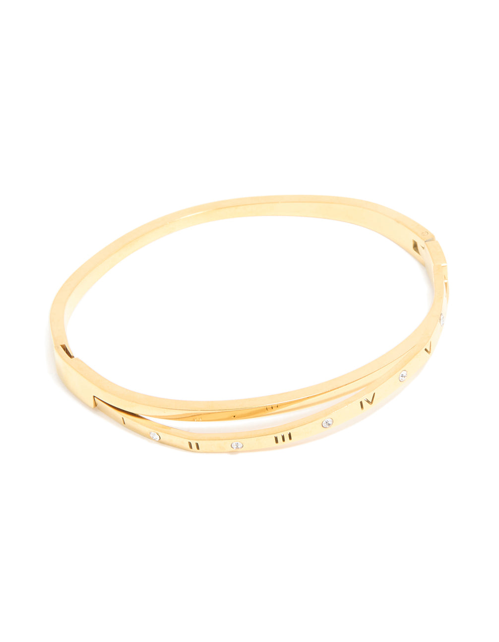 Crafted from waterproof gold plated stainless steel, this diamante roman numeral hinged bangle in statement style front view
