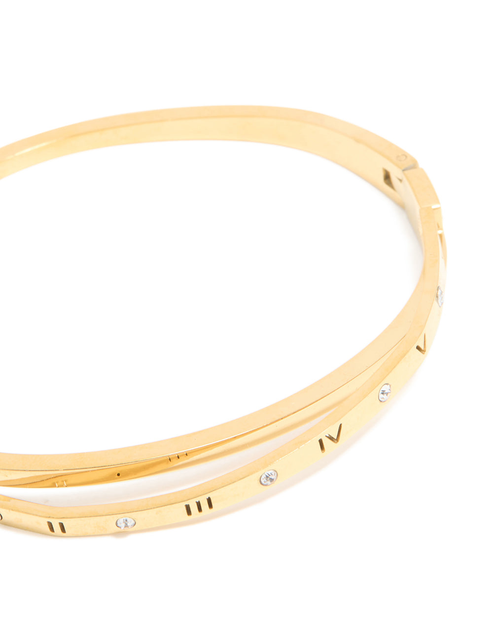 Designed with waterproof gold plated stainless steel, diamante and roman numerals, this hinged bangle in statement style close up view