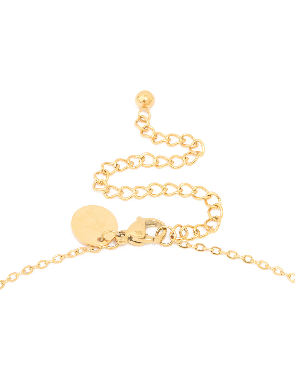 Explore a waterproof gold plated stainless steel large bubble letter P necklace with initial pendant clasp detail view