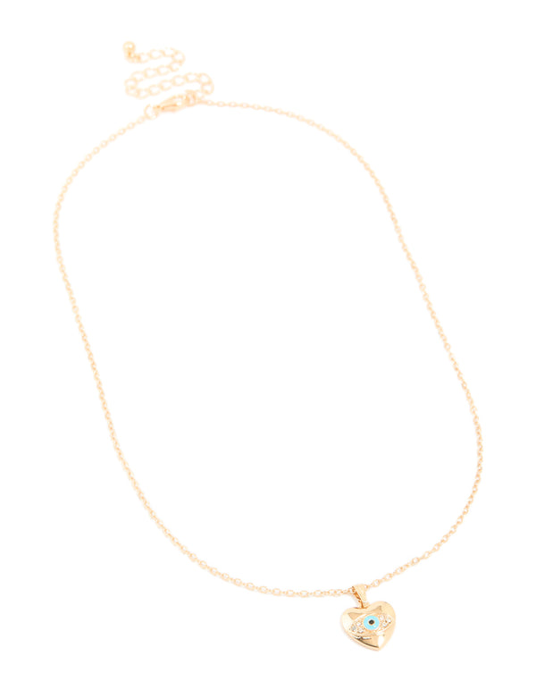 Gold Diamante Heart Evil Eye Pendant Necklace
