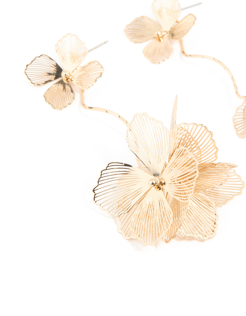 Gold Laser Cut Double Flower Drop Earrings