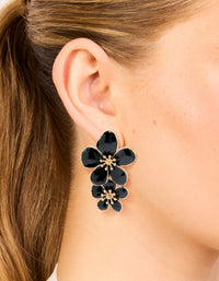 Gold Black Enamel Double Flower Drop Earrings - link has visual effect only