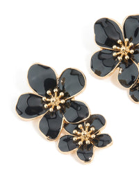 Gold Black Enamel Double Flower Drop Earrings - link has visual effect only
