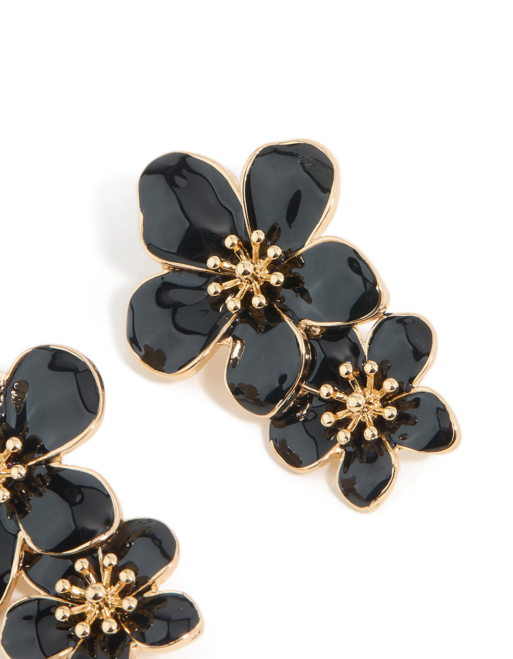 Gold Black Enamel Double Flower Drop Earrings