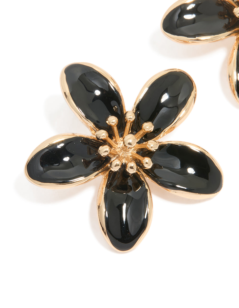 Gold Black Enamel Small Flower Stud Earrings