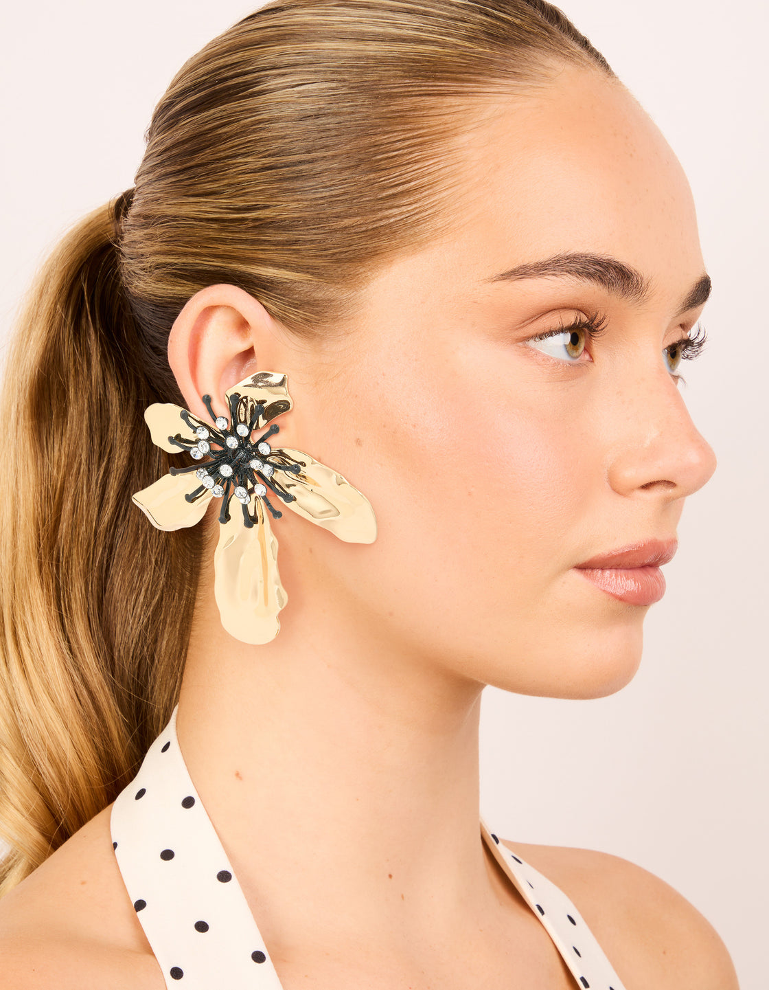Gold Diamante Flower Statement Stud Earrings