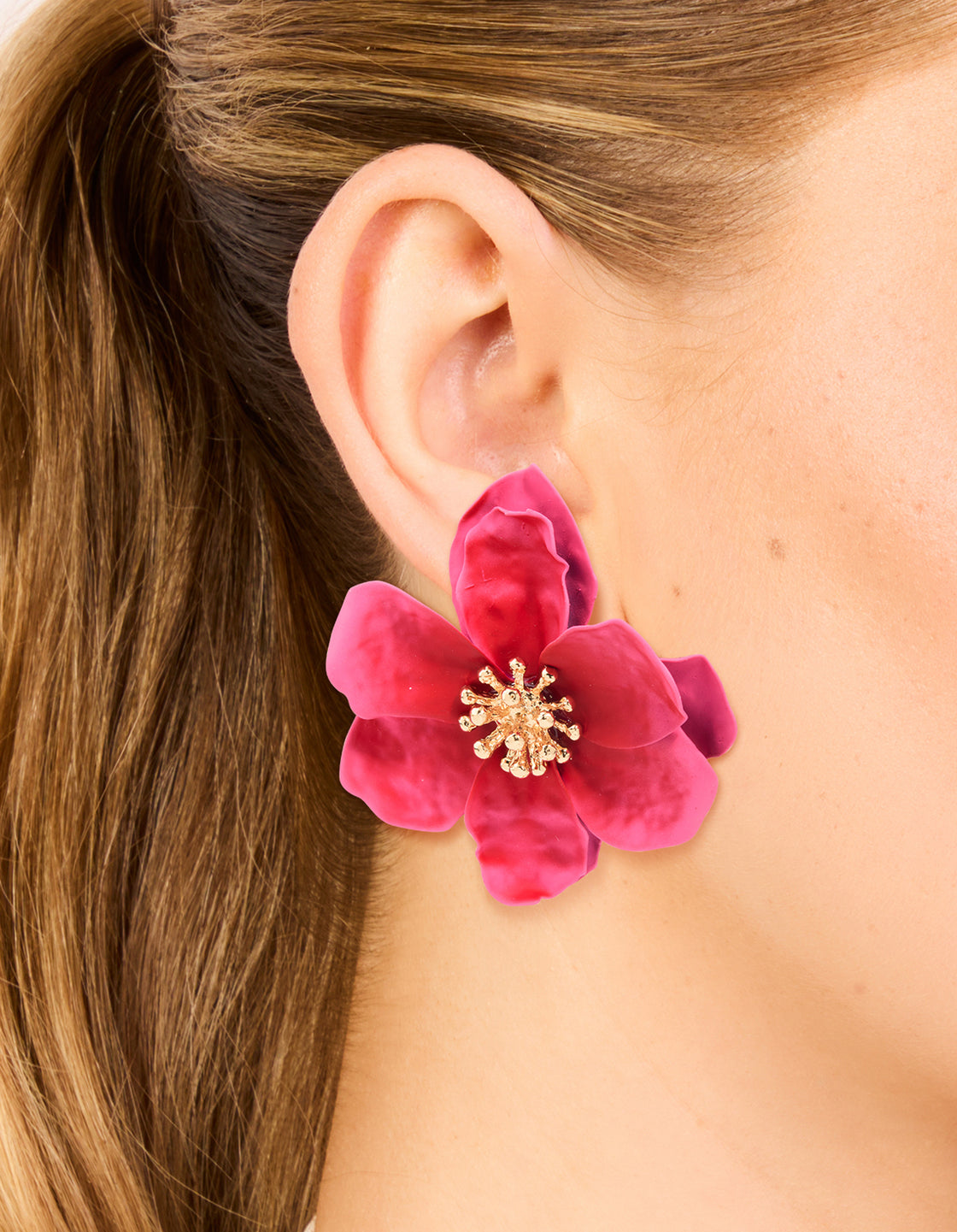 Gold Pink Coated Metal Textured Flower Stud Earrings