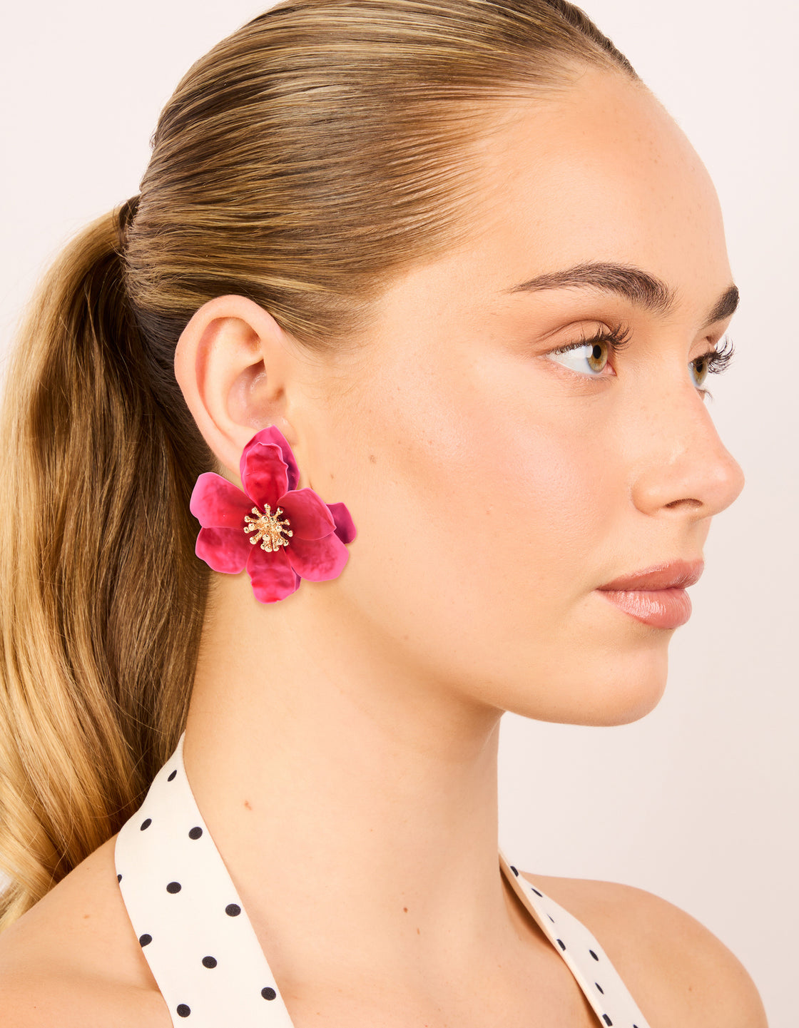 Gold Pink Coated Metal Textured Flower Stud Earrings