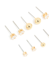 Gold Plated Cubic Zirconia & Ball Stud Earrings 6-Pack - link has visual effect only