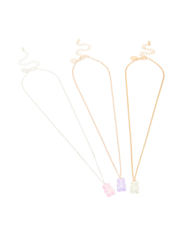 Mixed Metal Holographic Teddy Bear Necklaces 3-Pack