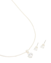 Silver Plated Cubic Zirconia Solitaire Necklace & Stud Earrings Set - link has visual effect only