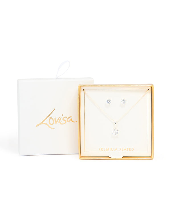 Silver Plated Cubic Zirconia Solitaire Necklace & Stud Earrings Set