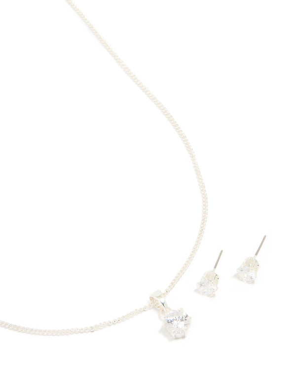 Silver Plated Cubic Zirconia Solitaire Necklace & Stud Earrings Set