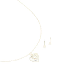 Silver Plated Heart Pendant Necklace & Earrings Set - link has visual effect only