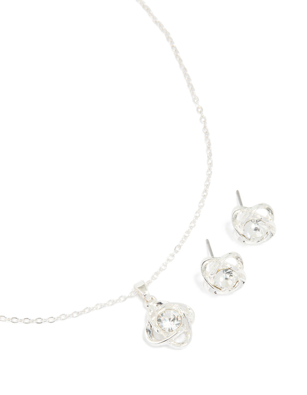 Silver Diamante Knotted Pendant Necklace & Stud Earrings Set