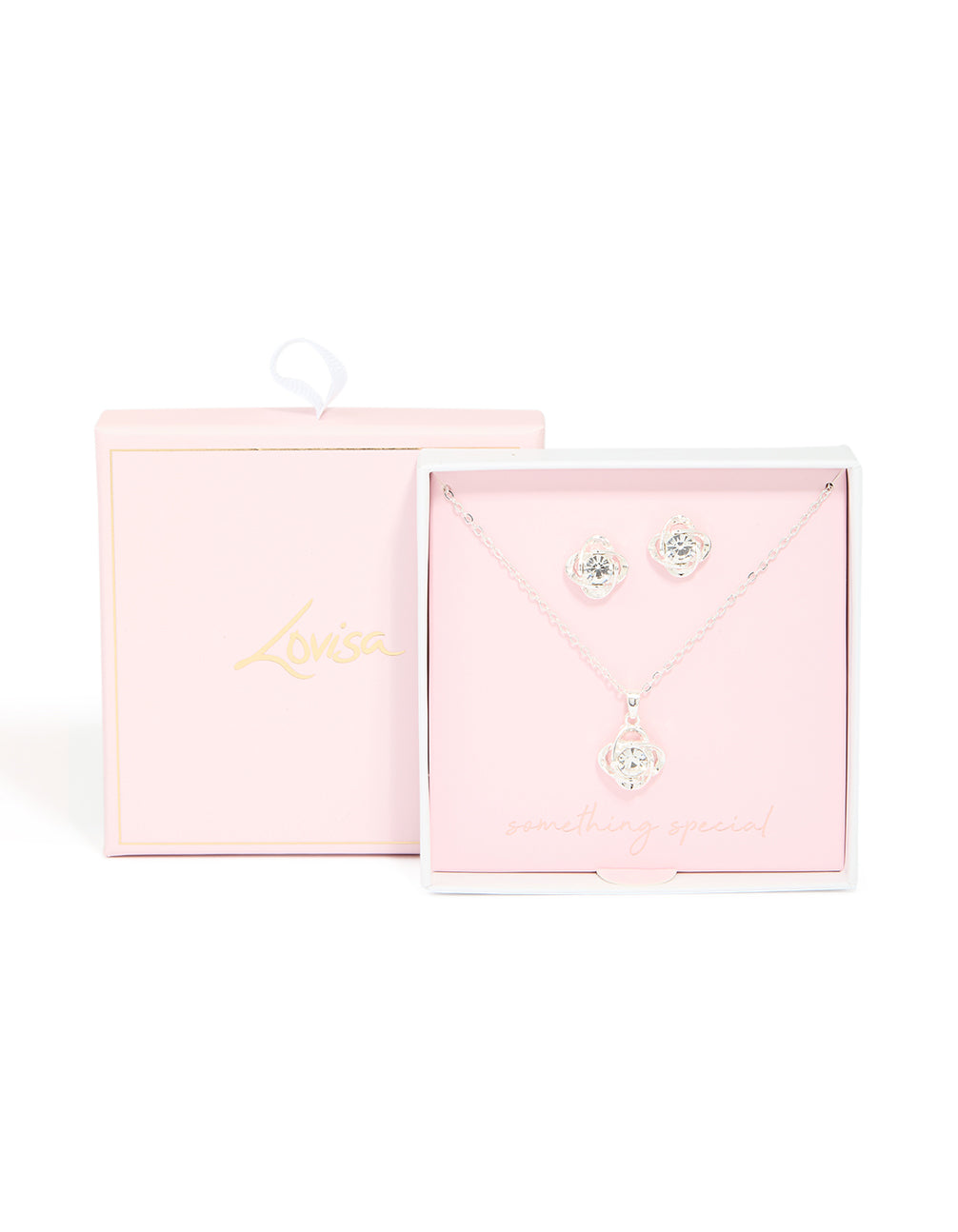 Silver Diamante Knotted Pendant Necklace & Stud Earrings Set