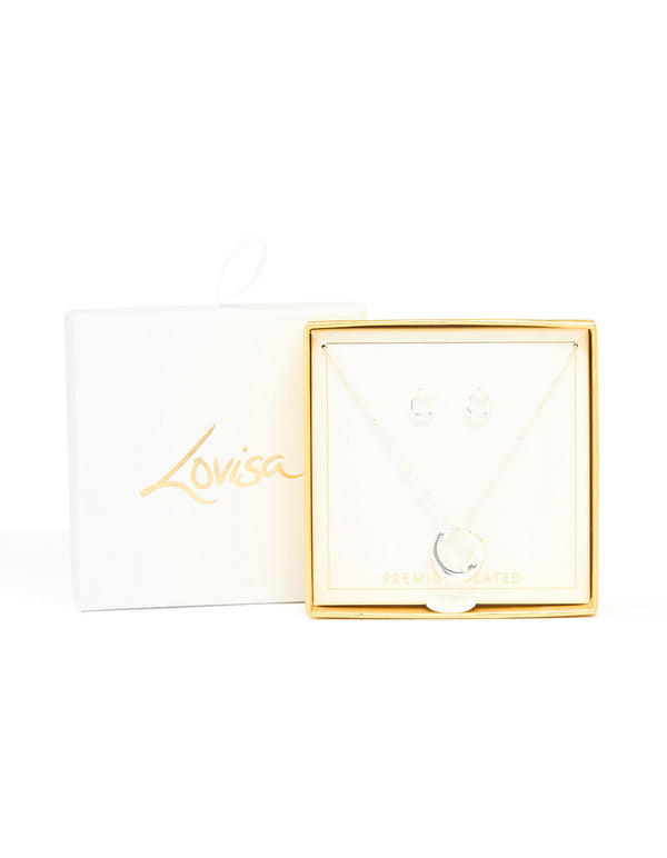 Silver Plated Twisted Circle Pendant Necklace & Earrings Set