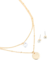 Gold Diamante Layered Necklace & Stud Earrings Set - link has visual effect only