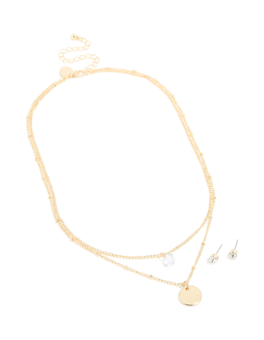Gold Diamante Layered Necklace & Stud Earrings Set