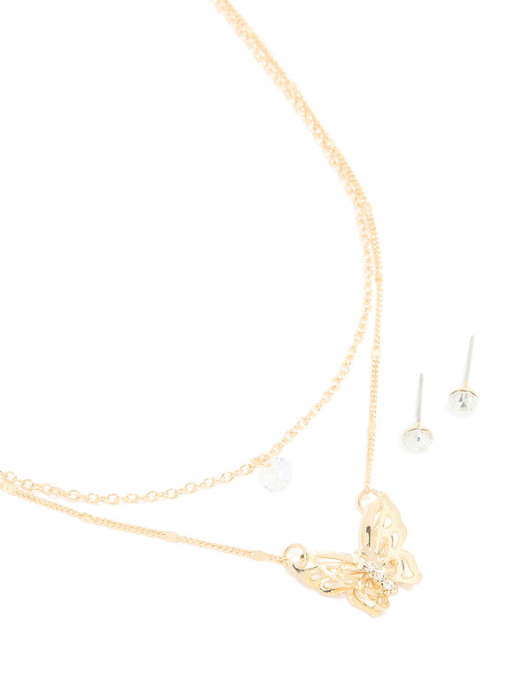 Gold Butterfly Layered Necklace & Stud Earrings Set