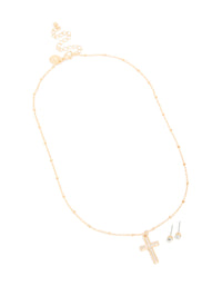Gold Diamante Cross Pendant Necklace & Stud Earrings Set - link has visual effect only