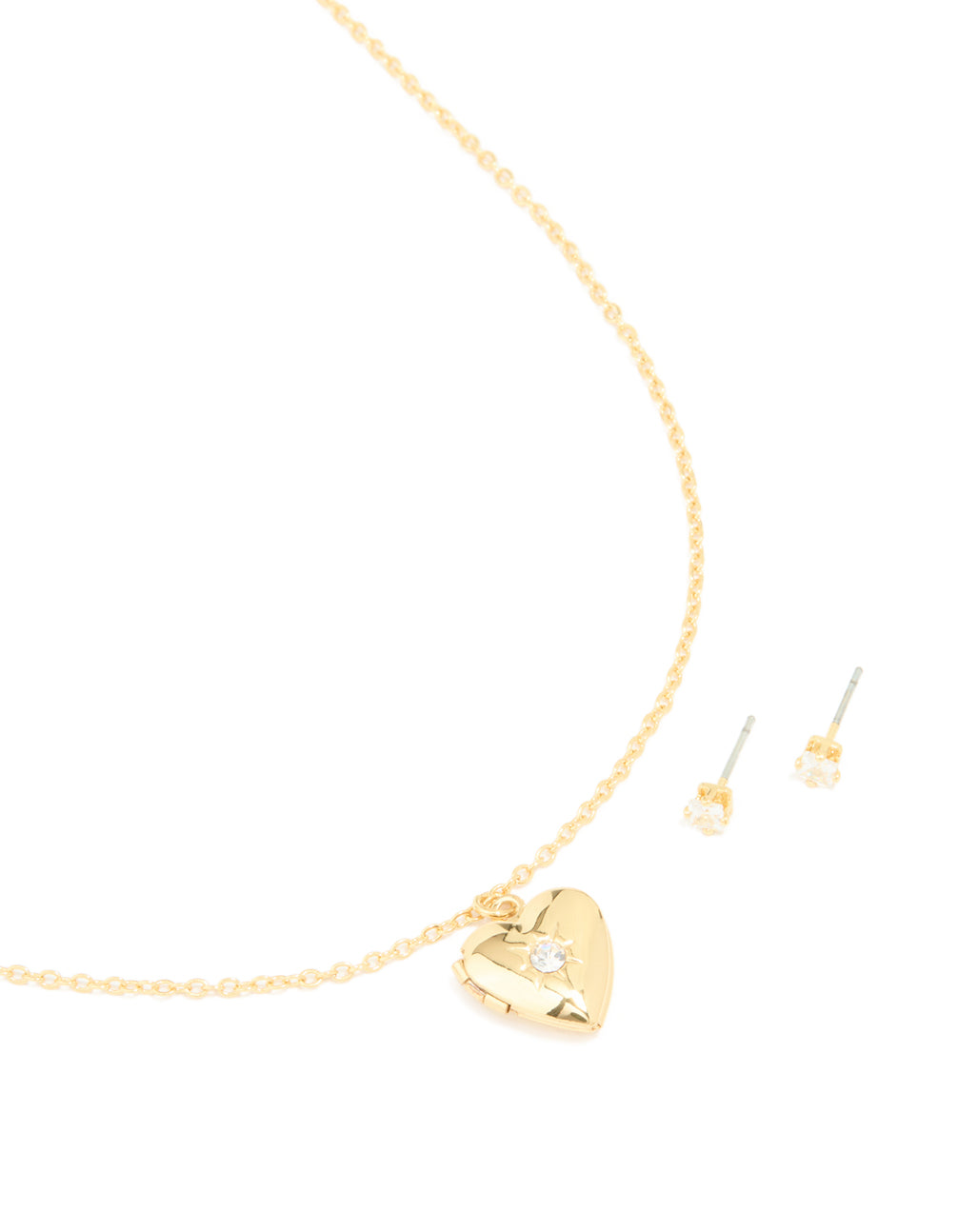 Gold Plated Cubic Zirconia Heart Locket Necklace & Earrings Set
