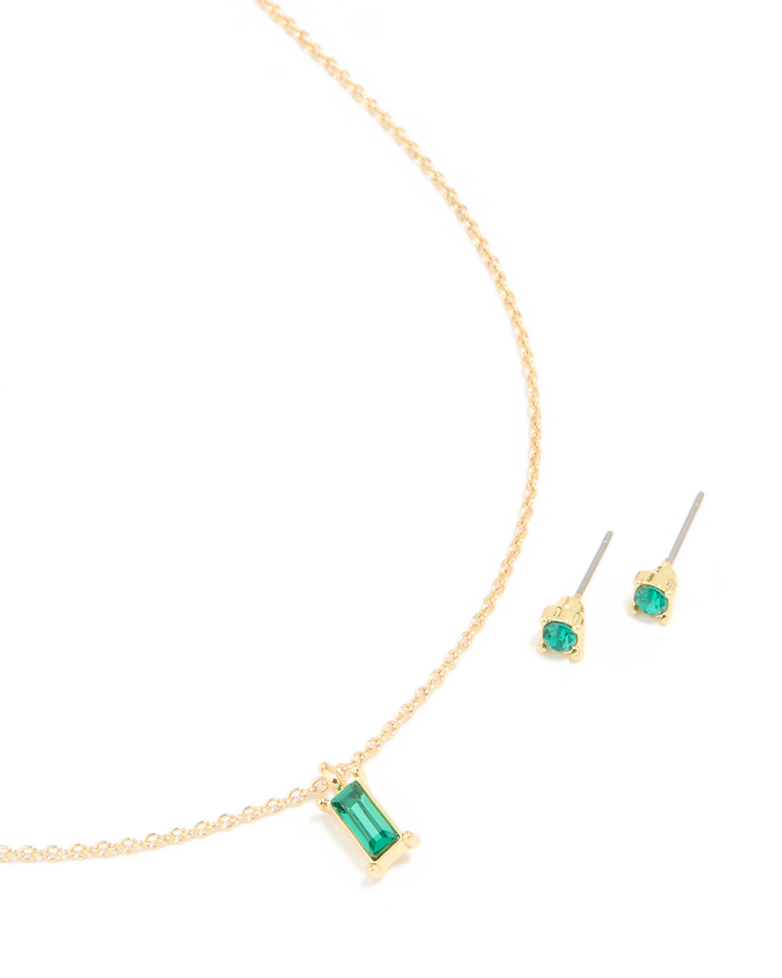 Gold Plated Green Diamante Baguette Necklace & Earrings Set