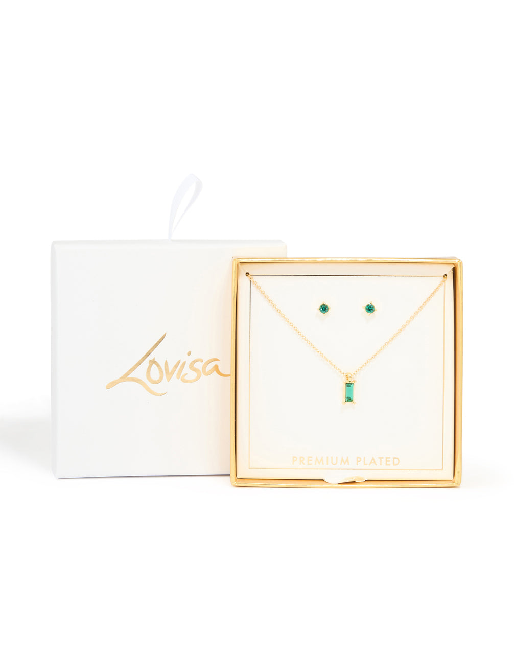 Gold Plated Green Diamante Baguette Necklace & Earrings Set
