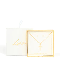 Gold Plated Cross Classic Necklace & Cubic Zirconia Stud Earrings Set - link has visual effect only