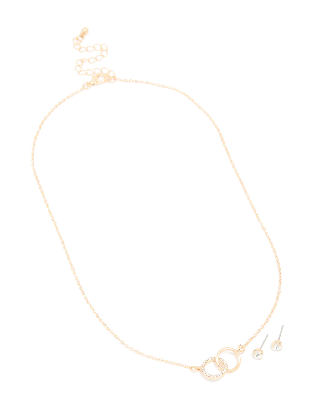 Gold Diamante Linked Circle Necklace & Stud Earrings Set