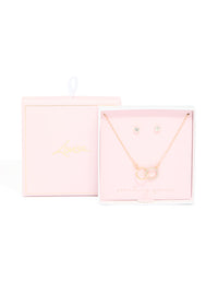 Gold Diamante Linked Circle Necklace & Stud Earrings Set - link has visual effect only