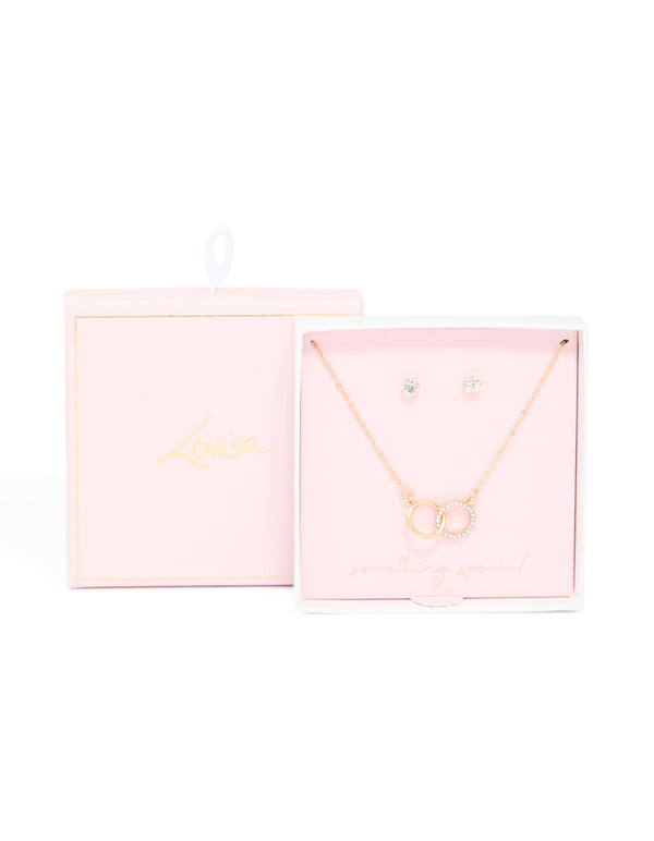 Gold Diamante Linked Circle Necklace & Stud Earrings Set
