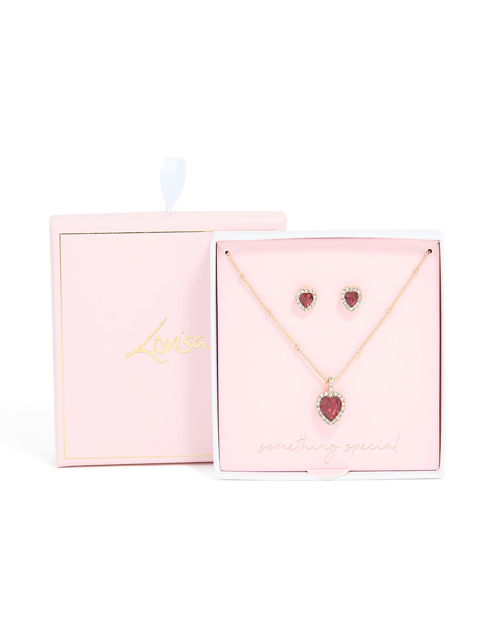 Gold Red Diamante Heart Halo Necklace & Stud Earrings Set
