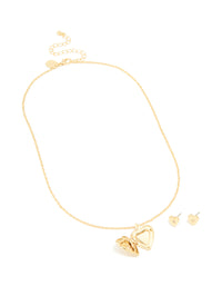 Gold Plated Cubic Zirconia Star Heart Locket Necklace & Earrings Set - link has visual effect only
