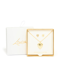 Gold Plated Cubic Zirconia Star Heart Locket Necklace & Earrings Set - link has visual effect only