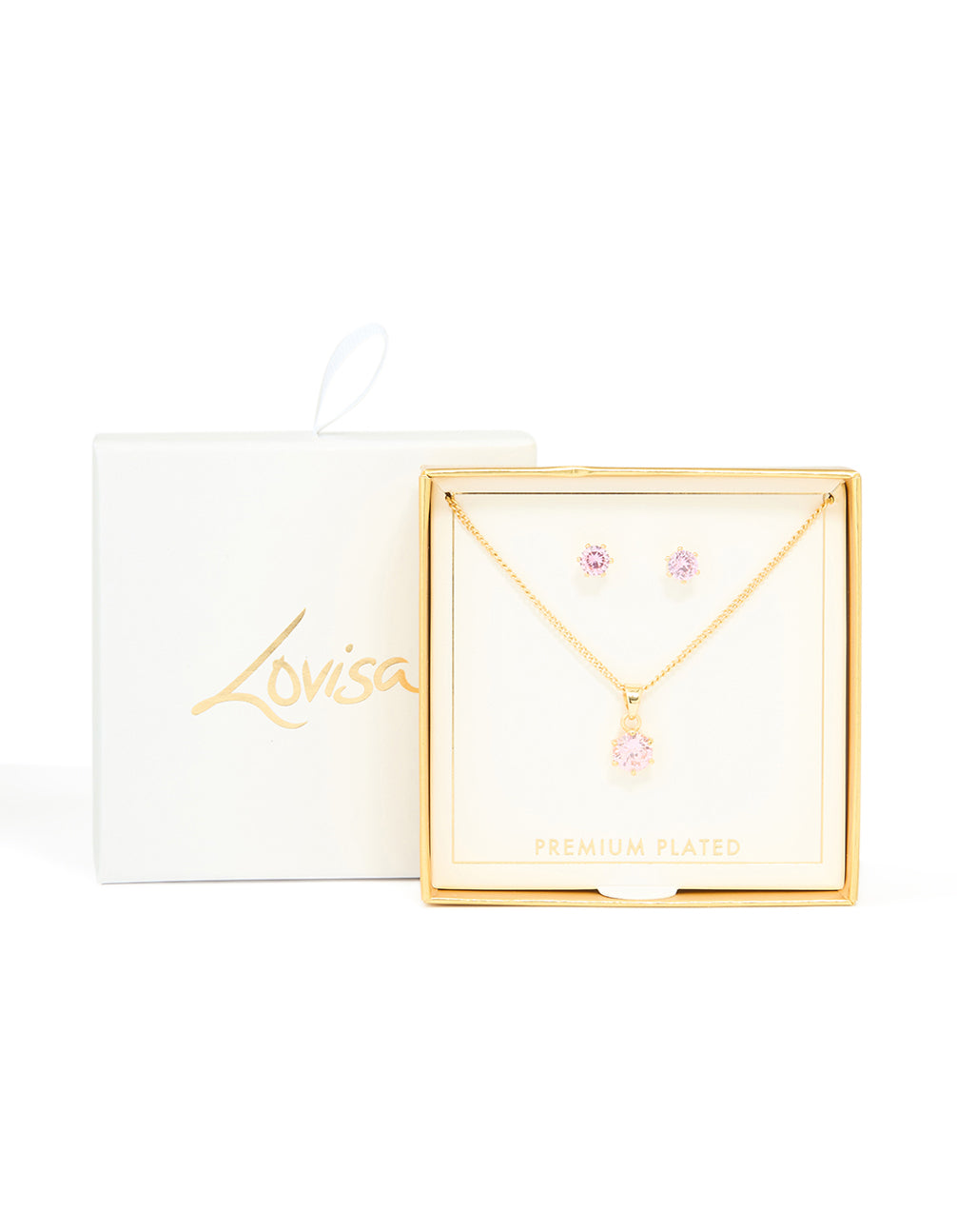 Gold Plated Pink Cubic Zirconia Pendant Necklace & Stud Earrings Set
