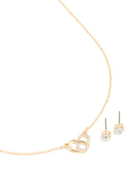 Gold Overlap Pendant Necklace & Classic Diamante Stud Earrings Set - link has visual effect only