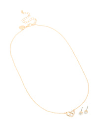 Gold Overlap Pendant Necklace & Classic Diamante Stud Earrings Set - link has visual effect only