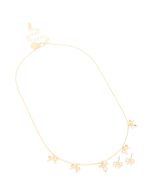 Gold Bow Necklace & Stud Earrings Set